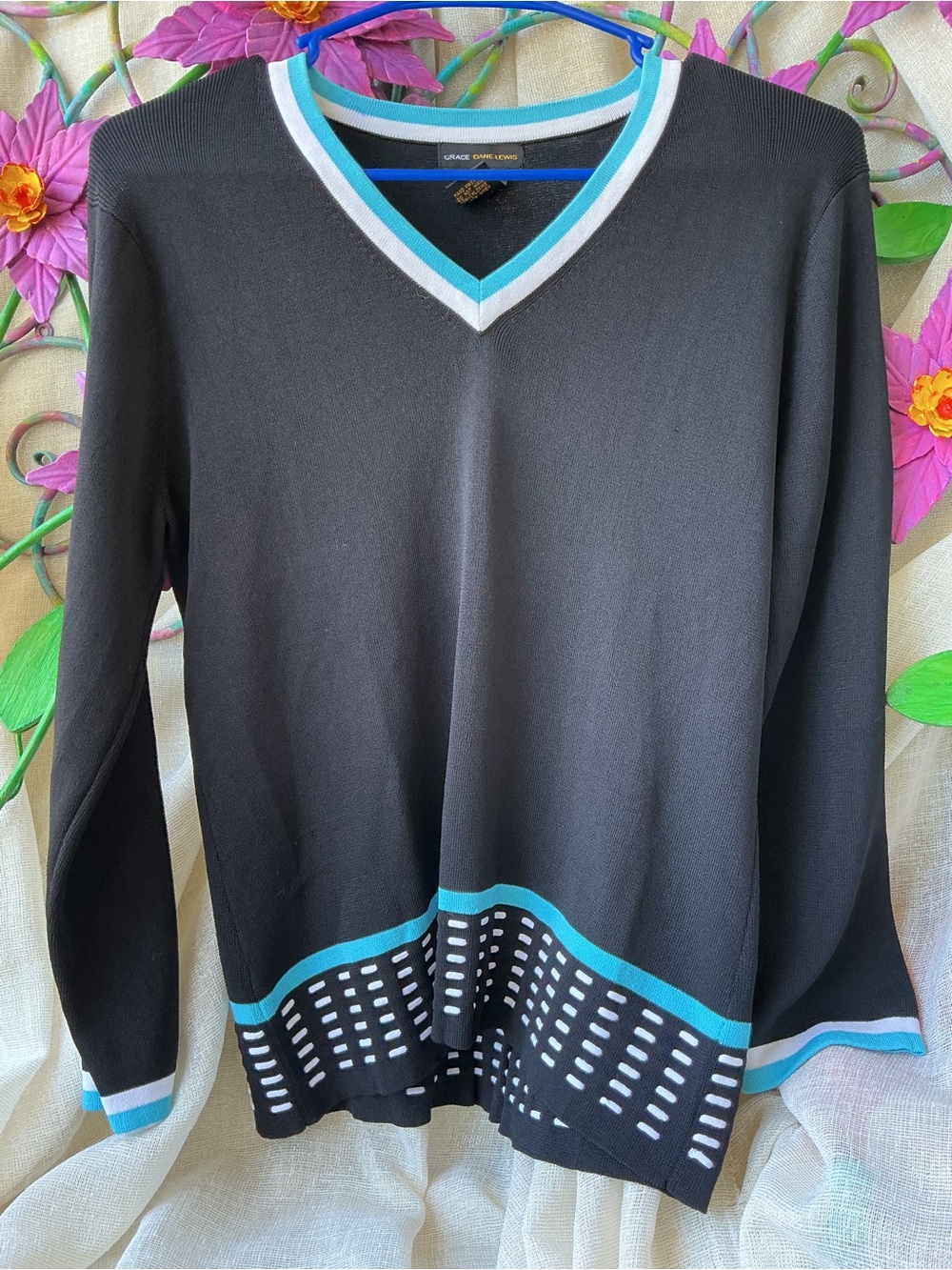 Women’s Black V-Neck Sweater with Teal & White Trim by GRACE CREEK LONDON